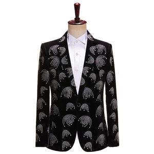 Men's Black Velvet Rhinestones Suit Jacket Groom Wedding Formal Tuxedo Male Singer Star Concert Crystals Diamond Blazer Bar Stage Show Coat One Button