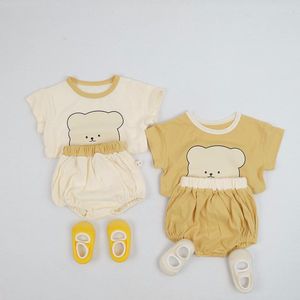 Sandaler Fashion Summer Baby Girls Clothing Set Sweet Cartoon Bear Head Print T-shirt PP Shorts 2st Toddler Kids Boys Cotton Suit