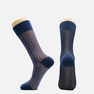 Men's Socks 6 Pairs Thin Nylon Calf High Sheer Men Fashion Vertical Stripes Comfortable Silk Stockings For Husband Fathers Large Size