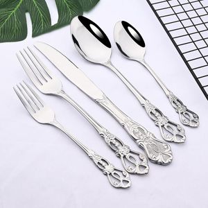 Servis uppsättningar 5st lyxiga silver western set rostfritt stål plattvaror bestick hem gaffel knivsked bordsåverkan silvervaror