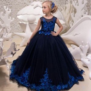 Meisjesjurken marineblauwe tule appliques kralende bloem mouwloze kinderen boho bruidsmeisje jurk