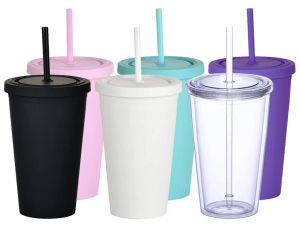 Mugs Tumblers With Lids And Sts.16 Oz Pastel Colored Plastic Acrylic Travel Cups.double Wall Insated Matte Reusable Bk For Smoothie