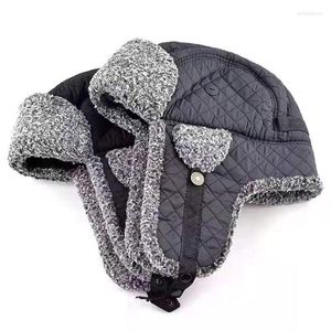 Berets Bomber Hats Winter Men Warm Russian Hat With Ear Flap Knitted Pu Leather Fur Trapper Cap Earflap Ski Snow