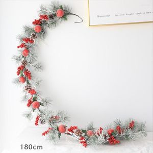 Decorative Flowers Red Berry Garland Christmas Decoration 1.8M Artificial Wreath With Pine Cone And Green Leaves For Holiday Fireplace