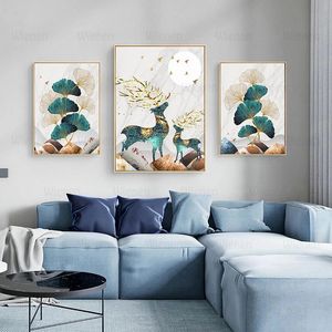 Nordic Abstract Landscape Deer Painting Decor Wall Poster Gold Elk Leaf Canvas Interior Paintings On The Wall Art Pictures for Room Home