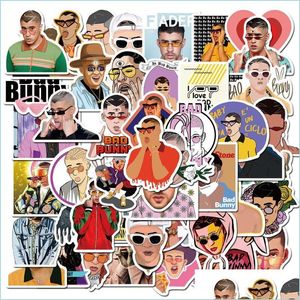 Motorcycle Stickers 50Pcs Puerto Rican Singer Bad Bunny Stickers Pvc For Stationery Decal Motorcycle Skateboard Laptop Guitar Bike Co Dh6Lm