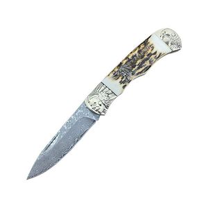 R1022 Folding Knife VG10 Damascus Steel Drop Point Acid Etsed Blade Horn med snidande mässingshandtag EDC Pocket Gift Knives