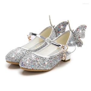 Flat Shoes Princess Kids Leather For Girls Wing Casual Glitter Children High Heel Party Butterfly Knot Blue Pink Silver