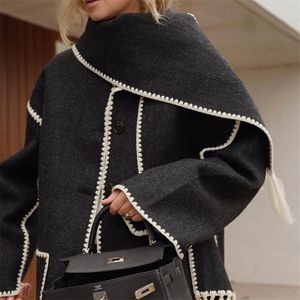 Womens Wool Blends Women SingleBreasted Jacket Autumn Winter Black Scarf Collar Wool Embroidery White Fringed Cardigan Female Contrast Color Coat 221021