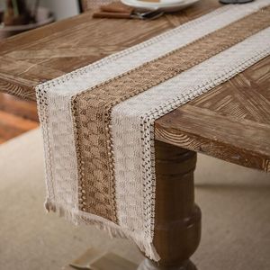 Runner per tovaglia con decorazioni per matrimoni con nappe, tovaglia con giunture a righe in cotone e lino, bandiera lussuosa