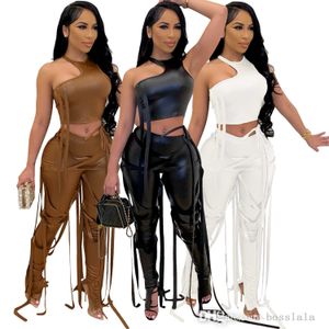 Designer Damen Hosenanzug Sexy Bandage Set Halter Hollow Out Crop Tops PU Leder Jogger Sets Rock Stil Nachtclub Wear 2023