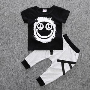 Newborn Toddler Cotton matching gym sets - Black Print T-Shirt Top and Long Pant Outfit for Boys, Ages 0-2