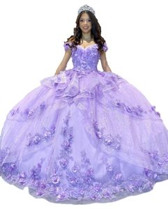 Vestido Lilás Quinceanera 2024 Glitter Sparkle Fora do ombro Marmelo Vestido de Baile Espartilho Sweet 16 Festa de Aniversário Baile de Gala Vestidos De 15 Anos Charro Mexicano 3D Flores Azul