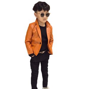 Terno de couro infantil Meninos Faux Leather Jacket Autumn Winter Kids Fashion Single Coats N