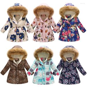 Jackets Sell 2022 Flowers Medium Long Winter Coat For Girls Cartoon Clothing Big Printed Cotton Padded Jacket With Fur Hoodie