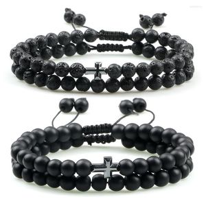 Strand 2 pz/set Ematite Croce Perline Bracciali Uomo 6mm Fascino Lava Rock Naturale Occhio di Tigre Pietra Bracciale Donna Regolabile Gioielli Braccialetto