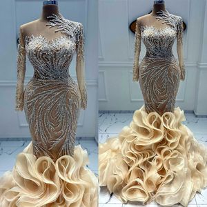 2022 Arabiska ASO EBI Champagne Mermaid Prom Dresses Sequined Lace Evening Formal Party Second Reception F￶delsedagsengagemang Kl￤nningar ZJ772