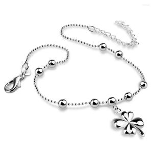 Anklety Prosta srebrna biżuteria damska bransoletka kostki Summer Cool Clover Bead Anklet Girl Birthday Prezent