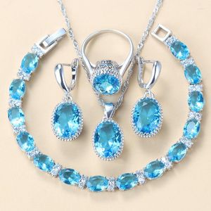 Halskette Ohrringe Set Hochzeit/Party Damen Trendiges Kostüm Silber Farbe Himmelblau CZ Baumeln/Ohrringe/Armband und Ring 8-Farben