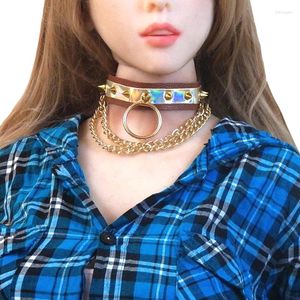 Choker Women Men Cool Oversized Necklace Fetish O Round Metal Gold Chain Leather Collar Bondage Harness