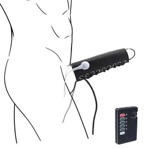 Vibratrice de masseur Electro Shock Sleve Bi-Polar Male Bondage PU Cock Ring Stimulation électrique Penis Torture Masturbation Sex Toys for Men
