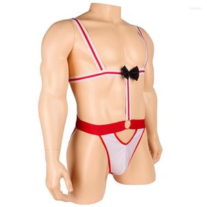 Men's G Strings Sexy Erotic Bow Tie Thong String Men Elastic Underwear Waiter Jumpsuit Wrestling Male SM Role Player Sex Costumes Set