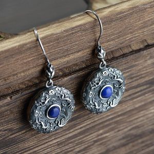 Kolczyki Dangle FNJ 925 Srebrna runda dla kobiet biżuteria S925 Sterling Drope Earring Natural Lapis Lazuli
