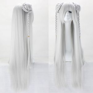 Hot Sell Fashion Cosplay Silver Bun Head Grey White Long Hair Wig