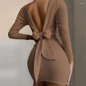 Casual Dresses Women Open Back Knotted Bodycon Mini Dress Sexy Long Sleeve Short Female 2022 Summer Spring Low Cut Lady Party Vestidos