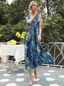 Casual Dresses Summer Chiffon Women Elegant Long Dress Ladies Fashion Print Boho Beach Midi For Woman Sexy V Neck Sleeveless Vestidos