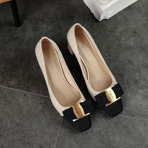 Shoes Dress Ing Female Classic Thick Heel Bow Metal Decoration Lady Pumps Simple Square Head Leather Women's Sin Underwear