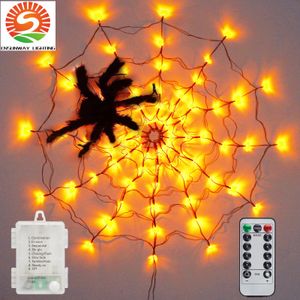 Spider Web LEDs String Halloween Decorations with Plush 8 Modes Light Up Web Outdoor Decoration 40 Inch 72 LED Orange Lights Waterproof Battery Case