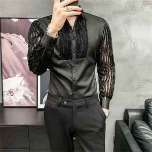 Erkekler sıradan gömlekler Dantel Hollow gömlek erkekler için uzun kollu ince fit sokak kıyafeti sosyal parti bluz gece kulübü şarkıcı dj giyim camisas para hombre 221020