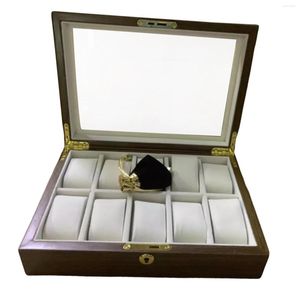 Watch Boxes Retro Wood 10 Slot Box Wrist Storage Case Velvet Lining Brass Lock Dresser Dustproof Desktop Organizer