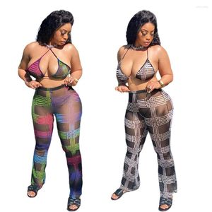 Kvinnors tv￥bitar byxor toppar kvinnor 2022 Bikini Sling Women's Summer Striped Printed Mesh Lace Up Fleared Set Suits Leisure Beach