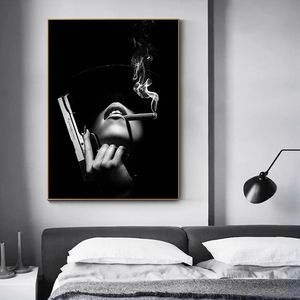 Canvas painting Watercolor Black White Women Smoke and Have Guns Fashion Model Art Painting Wall Home Decor Pictures for Living Room Decoration