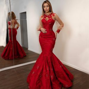 Kırmızı Uzun Kollu Denizkızı Gece Elbiseleri 2023 Yüksek Boyun Seksi Kadınlar Resmi Parti Elbise Dantelli Aplike Boncuklu Robe De Soiree Zarif Satin Vestidos Prom Maxi Elbise