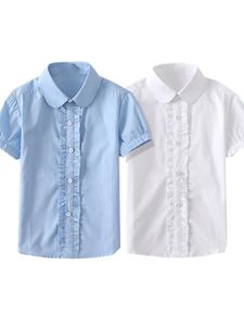 Kinderoverhemden Zomer Kids Blue Shirts For Girls School Uniform White Blouses Korte mouw Preppy katoenen kinderen Kleding Vestidos jaar