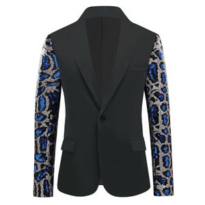Mäns Casual Leopard Blazer Stage Costume Man Singer Concert Performance Sequins Coat Tuxedo Host Sacketer Single Button Slim Black
