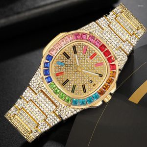 Нарученные часы роскошные цветные алмазные календарь часы для мужчин 2022 Модные повседневные носители из нержавеющей стали Кварцевые часы мужские бизнес -часы Relogio