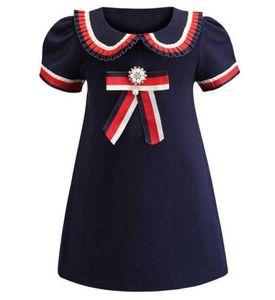 Girl's Dresses Retail Baby Girl Lapel Short Sleeve College Bowknot Cotton Casual Princess Prom Dress Kids Designer Clothes Children's Clo