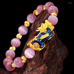 Strang Vietnam Alluvial Goldfarbenes Mythisches Wildtier-Armband Transportperle und Obsidian-Auge Hand Perlenkette Farbe Massives Gold