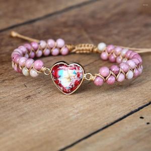 Charm-Armbänder aus natürlichem Rhodonit-Stein, Herz, handgefertigt, für Damen, Böhmen, geflochtenes Armband