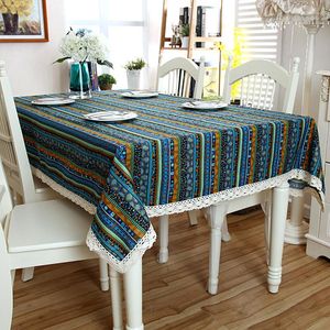 Table Cloth Linen Cotton Tablecloth Famous Wind Gilding Stripe White Lace Hem Splice Washable For Coffee Dinner Wedding Banquet