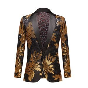 European Style Gold Black Sequin Embroidered Suit Jackets Coat Male Wedding Shiny Floral Blazer Formal Tuxedo Singer Host Stage Costume Shawl Collar