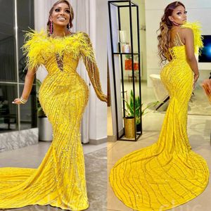 2022 Arabski Aso Ebi Ebi Yellow Mermaid Sukienki na balsame kryształy Kryształy wieczór Formalne przyjęcie Drugie przyjęcie urodzinowe suknie zaręczynowe sukienka ZJ625