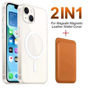 Estojos transparentes magnéticos com couro magsafe carteira para cartão de crédito bolso para dinheiro bolsa para iphone 14 12 13 mini pro max capa magnética