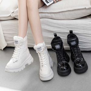 Pofulove Boots Platform Shoes Women Plush Warm Fur Ankle Booties Black White Leather Waterproof Snow Sneakers Botas L221018