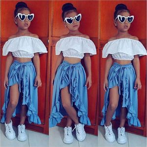 Retail Hole Girl Short Rooks Tracksuit Clothing Sets 2pcs Set Butterfly Sleeve T -shirt Lange rok Pant Girls Outfits Childre2629
