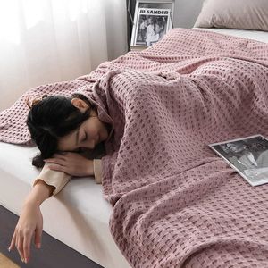 Yaapeet Summer Waffle Plaid Cotton Bed Blanket Thin Quilt Knitted Bedspread Home Hotel Coverlets Green Pink Throw Blankets W0408